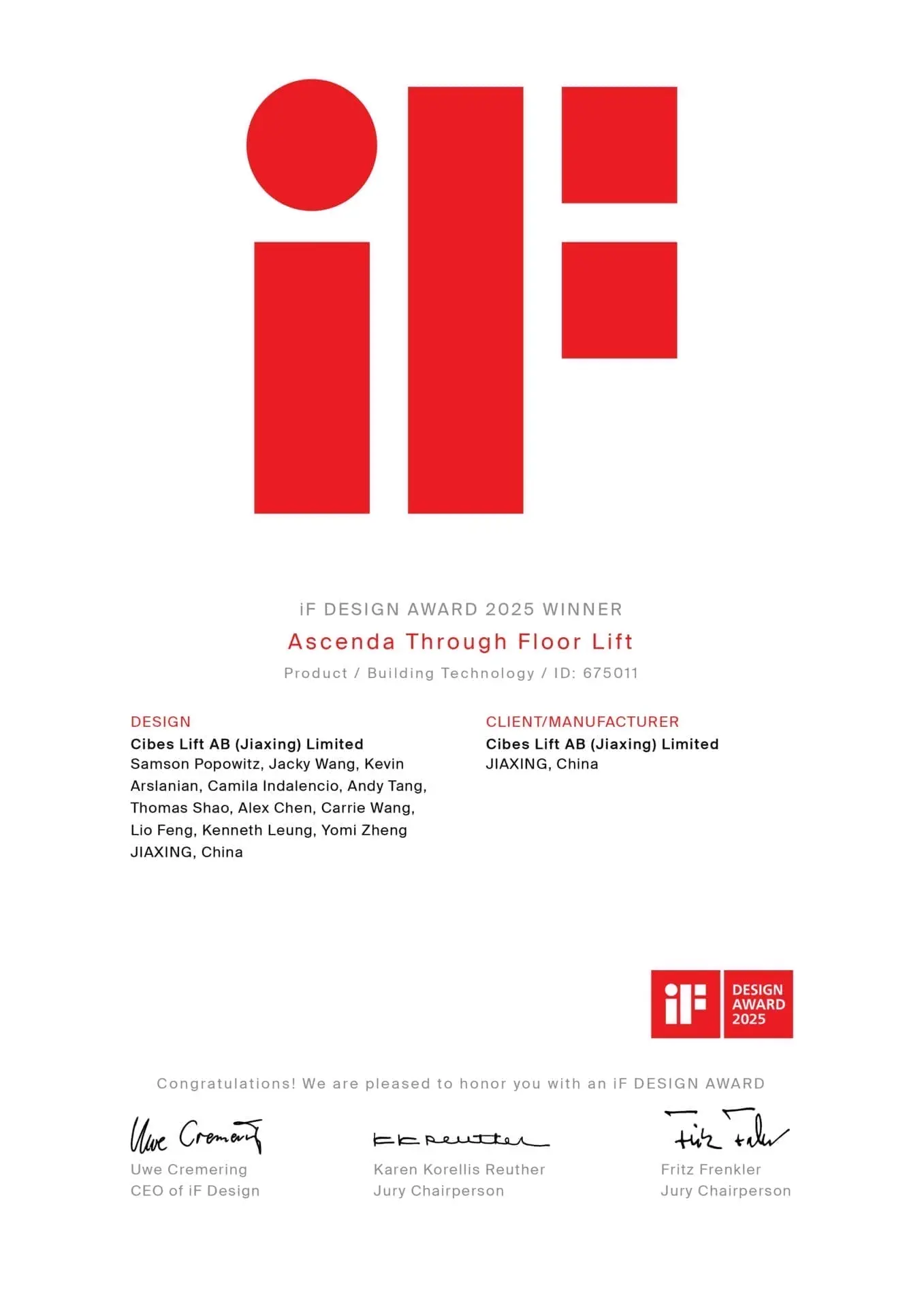 ใบรับรอง ผู้ชนะ ลิฟท์บ้าน Winner Certificate iF Design Award 2025 for Ascenda Lift by Cibes Lift ใบรับรอง ผู้ชนะ ลิฟท์บ้าน Winner Certificate iF Design Award 2025 for Ascenda Lift by Cibes Lift